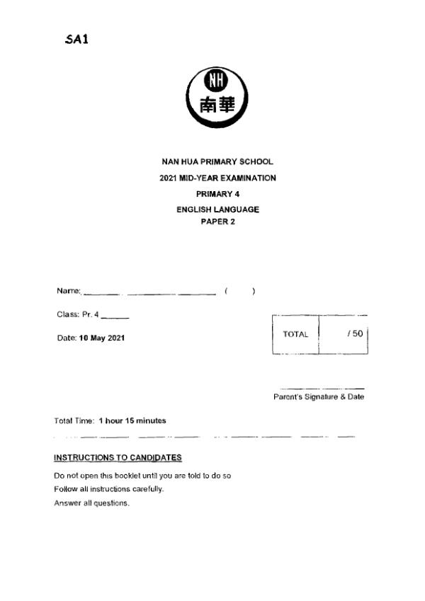 Nan Hua P4 Eng WA2 2021 exam paper PDF first page preview