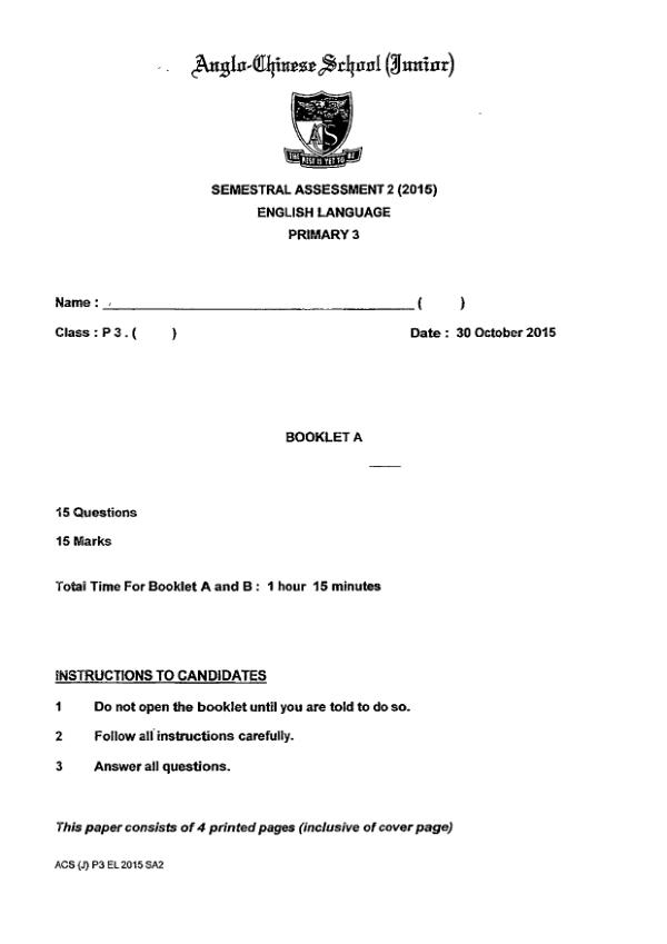 Anglo Chinese P3 Eng SA2 2015 exam paper PDF first page preview