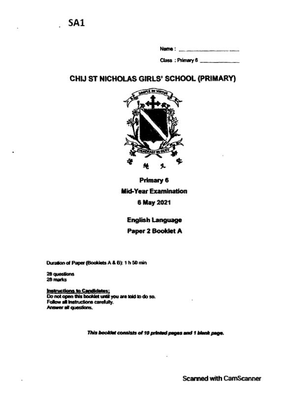 CHIJ P6 Eng WA2 2021 exam paper PDF first page preview