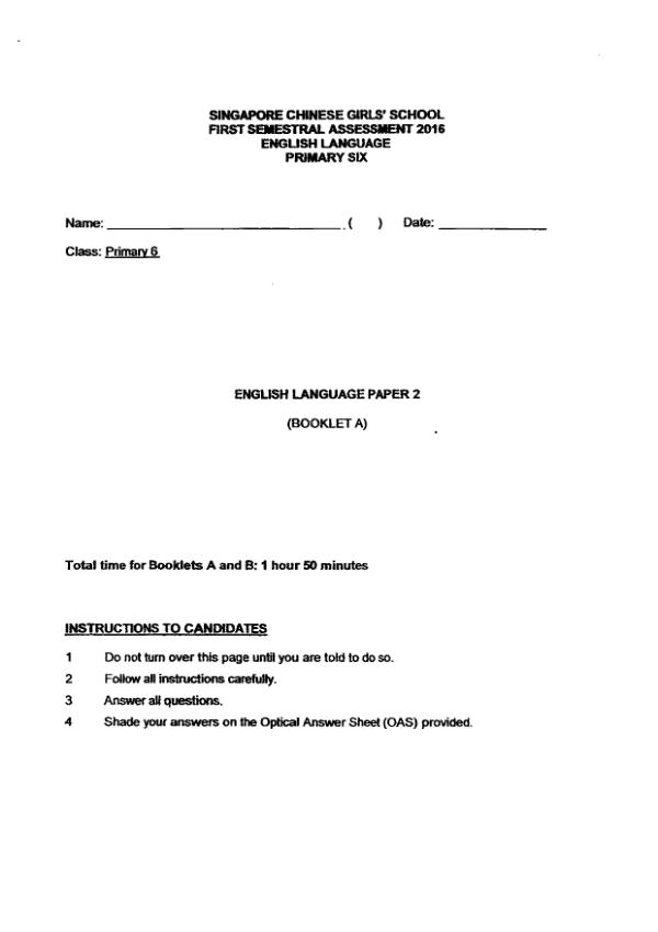Singapore Chinese Girls P6 Eng WA2 2016 exam paper PDF first page preview