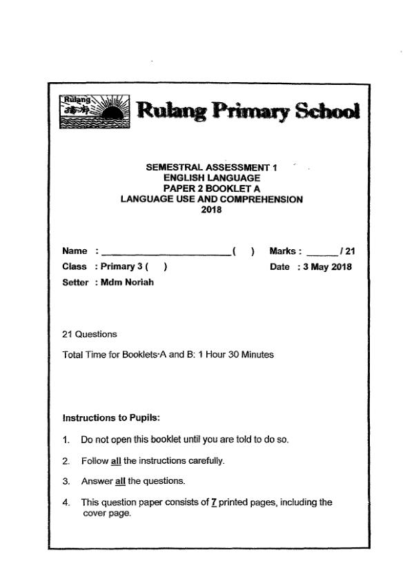 Rulang P3 Eng WA2 2018 exam paper PDF first page preview