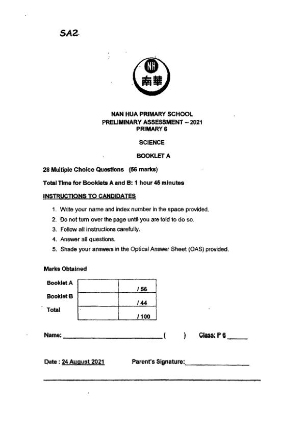 Nan Hua P6 Sci SA2 2021 exam paper PDF preview
