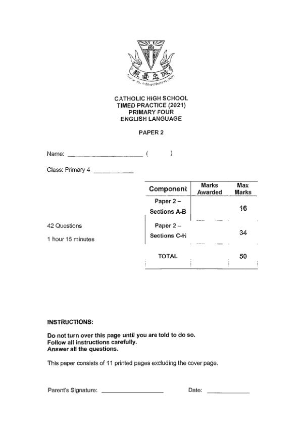 Catholic High P4 Eng SA2 2021 exam paper PDF first page preview