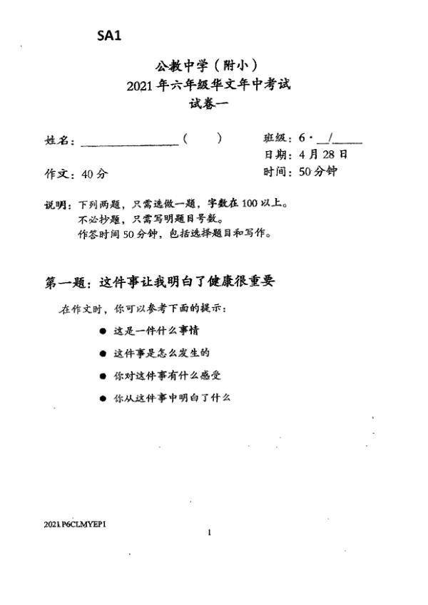 Catholic High P6 Chi WA2 2021 exam paper PDF first page preview