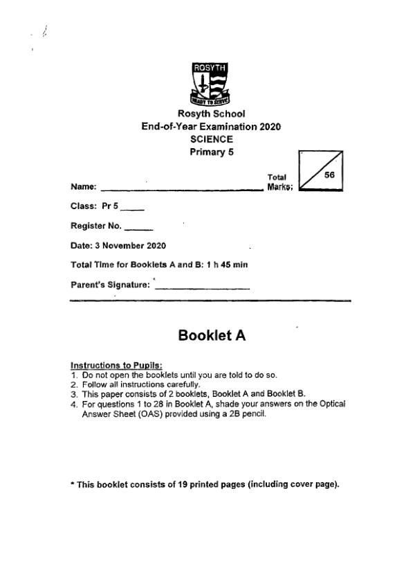 Rosyth P5 Sci SA2 2020 exam paper PDF preview