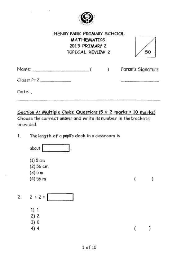 Henry Park P2 Math WA2 2013 exam paper PDF first page preview