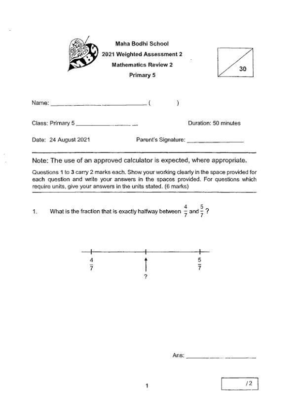 First page preview of P5 Math 2021 WA2 — Maha Bodhi