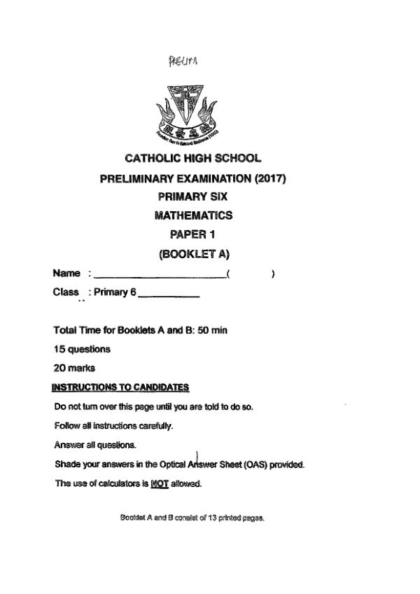 First page preview of P6 Math 2017 SA2 — Catholic High