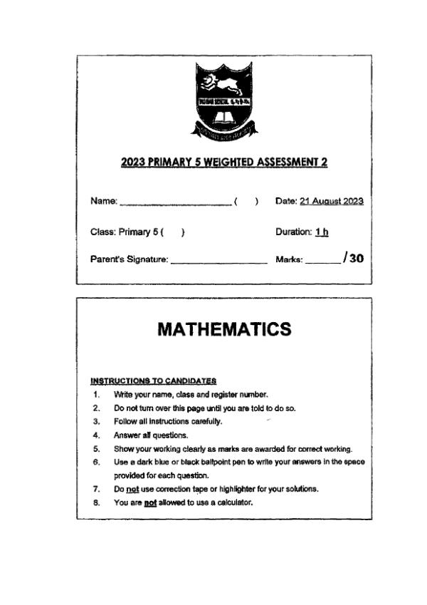 First page preview of P5 Math 2023 WA2 — Tao Nan