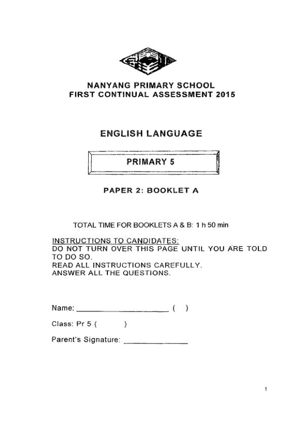 Nanyang P5 Eng WA1 2015 exam paper PDF preview