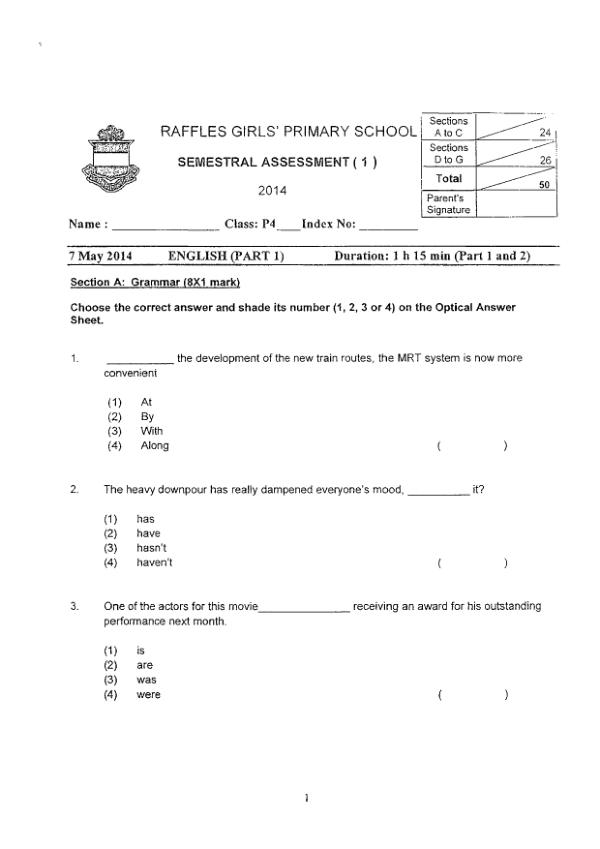 Raffles Girls P4 Eng WA2 2014 exam paper PDF first page preview