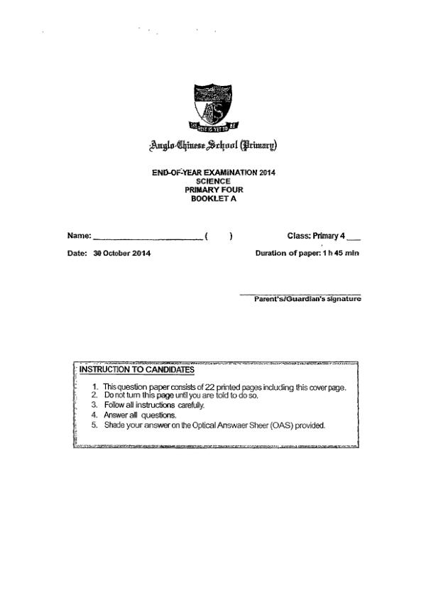 Anglo Chinese P4 Sci SA2 2014 exam paper PDF first page preview