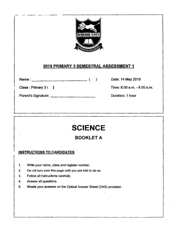 Tao Nan P3 Sci WA2 2019 exam paper PDF first page preview