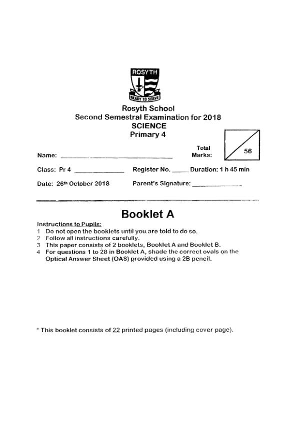Rosyth P4 Sci SA2 2018 exam paper PDF preview