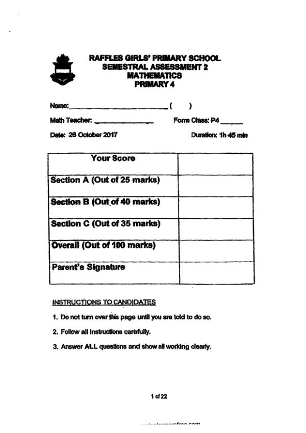 First page preview of P4 Math 2017 SA2 — Raffles Girls