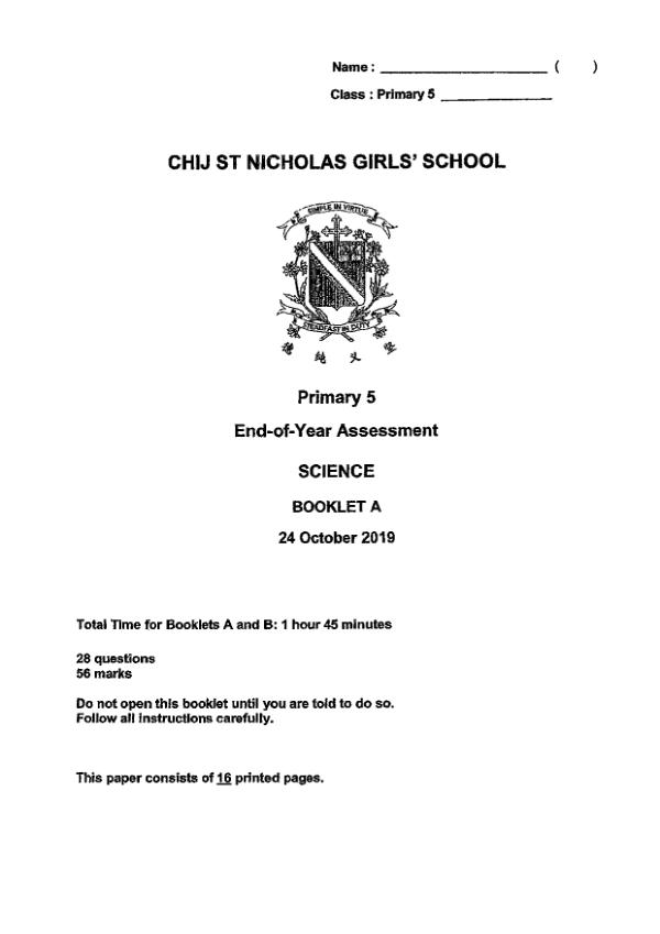 CHIJ P5 Sci SA2 2019 exam paper PDF first page preview