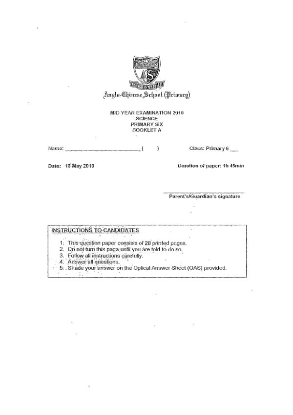 Anglo Chinese P6 Sci WA2 2010 exam paper PDF preview