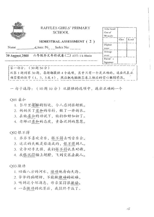Raffles Girls P6 Chi SA2 2008 exam paper PDF preview