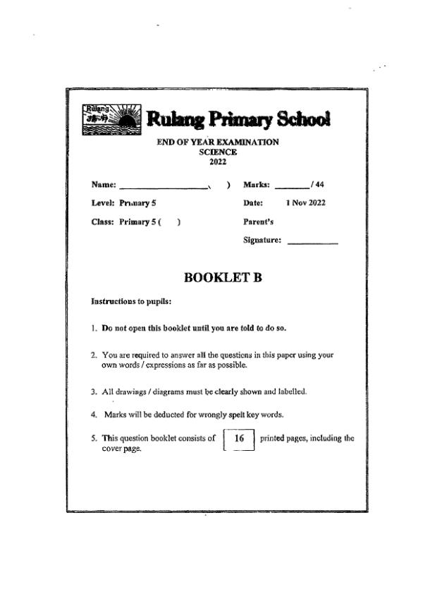 Rulang P5 Sci SA2 2022 exam paper PDF first page preview