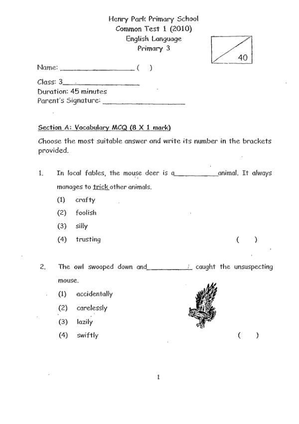 Henry Park P3 Eng WA1 2010 exam paper PDF preview