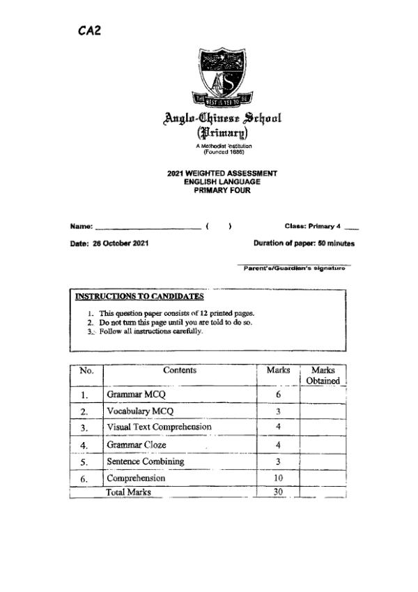 Anglo Chinese P4 Eng WA3 2021 exam paper PDF first page preview