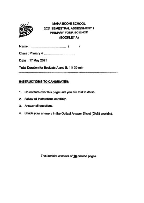 Maha Bodhi P4 Sci WA2 2021 exam paper PDF first page preview