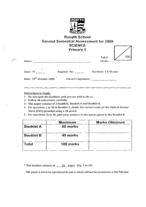 Rosyth P5 Sci SA2 2008 exam paper PDF first page preview