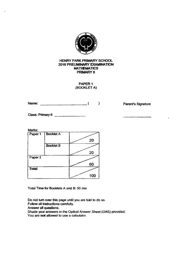 First page preview of P6 Math 2016 SA2 — Henry Park