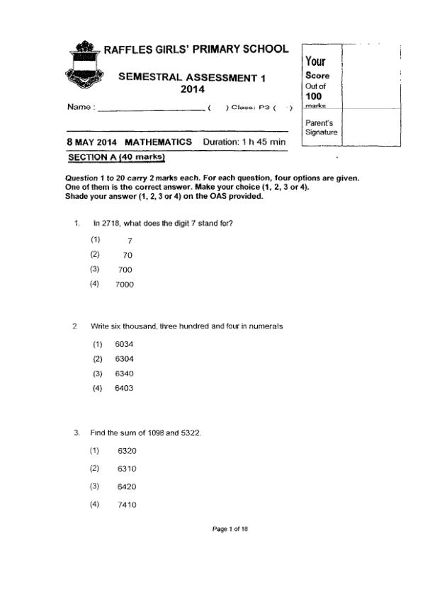 Raffles Girls P3 Math WA2 2014 exam paper PDF first page preview