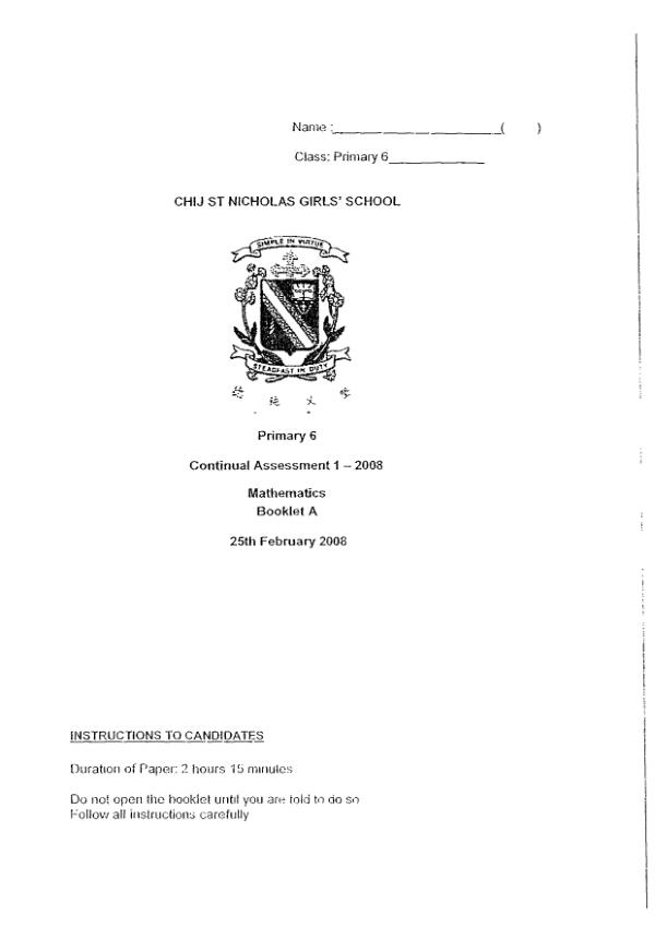 CHIJ P6 Math WA1 2008 exam paper PDF preview