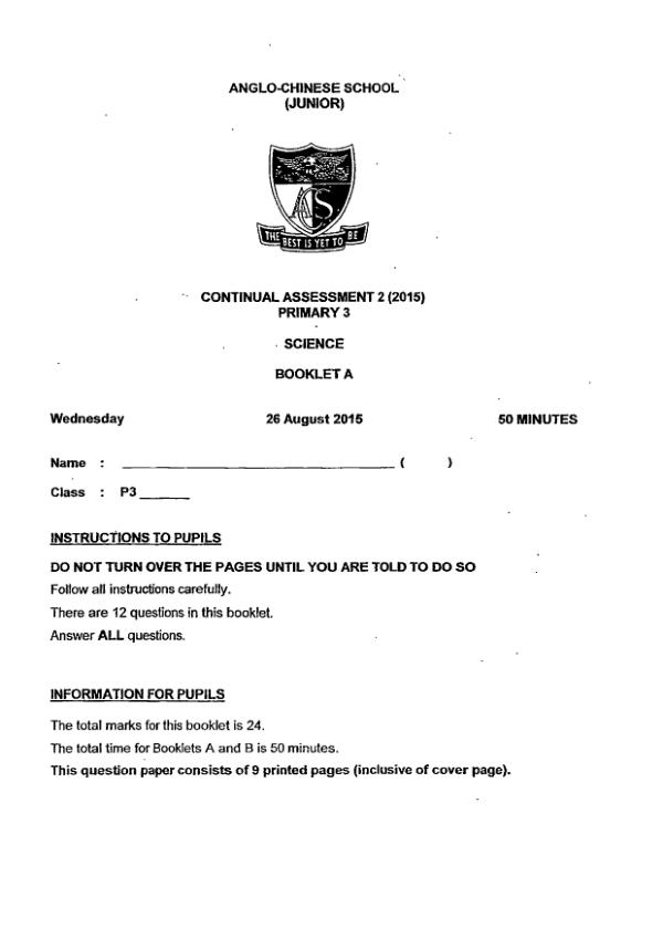 Anglo Chinese P3 Sci WA3 2015 exam paper PDF first page preview