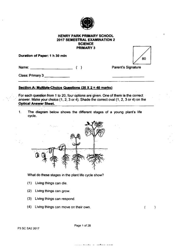 Henry Park P3 Sci SA2 2017 exam paper PDF first page preview