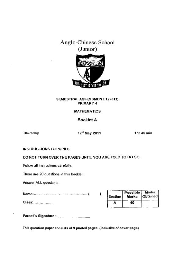 Anglo Chinese P4 Math WA2 2011 exam paper PDF preview
