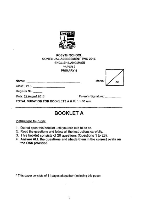 Rosyth P5 Eng WA3 2016 exam paper PDF first page preview