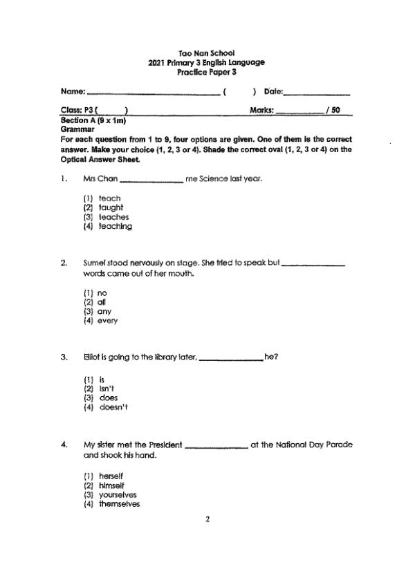 Tao Nan P3 Eng WA2 2021 exam paper PDF first page preview