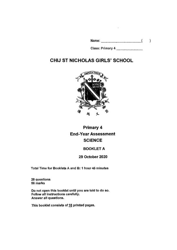 CHIJ P4 Sci SA2 2020 exam paper PDF first page preview