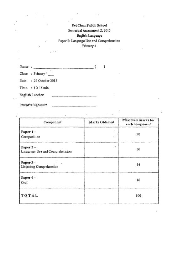 Pei Chun P4 Eng SA2 2015 exam paper PDF first page preview