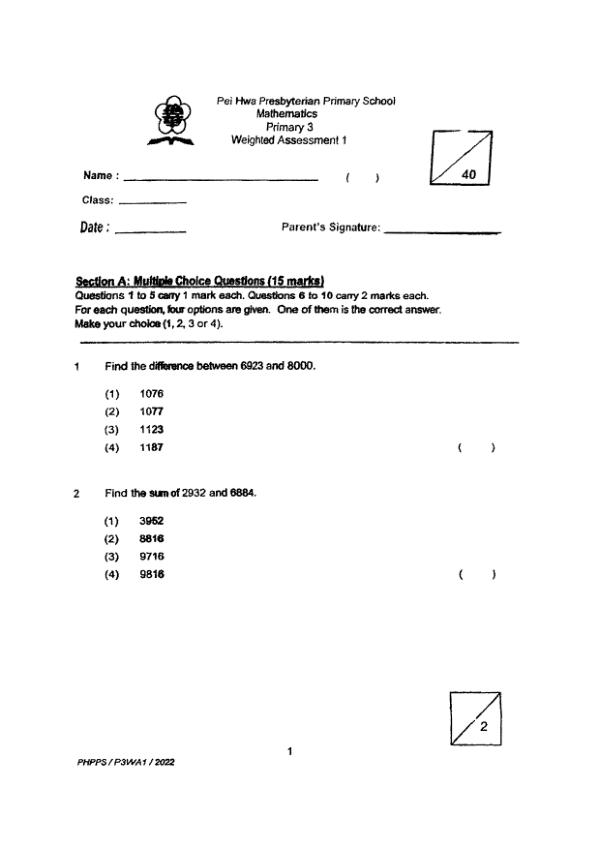 First page preview of P3 Math 2022 WA1 — Pei Hwa