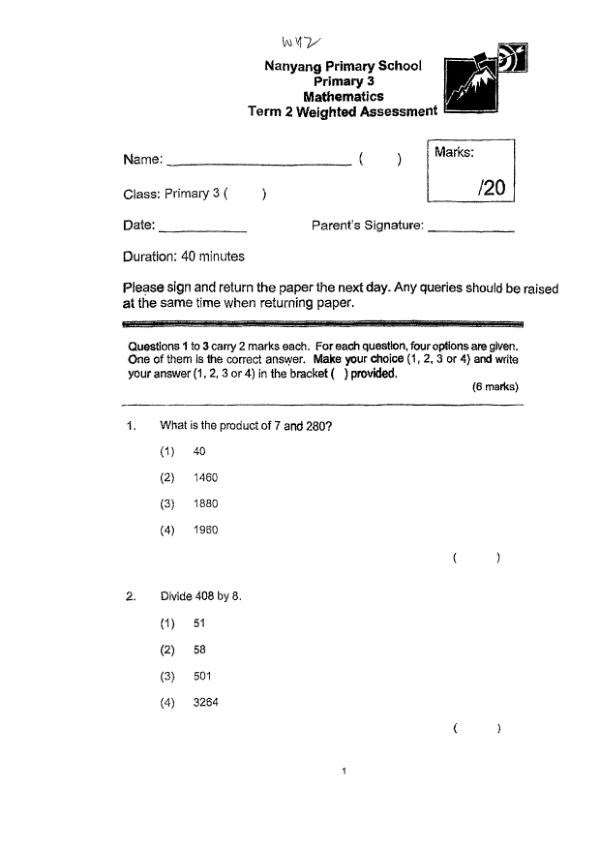First page preview of P3 Math 2025 WA2 — Nanyang