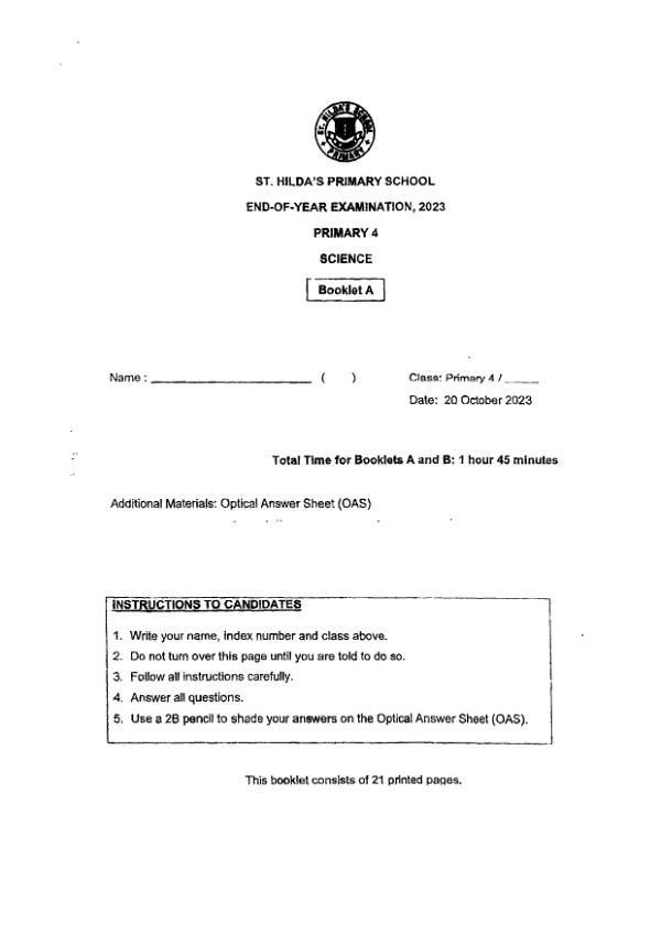 St Hildas P4 Sci SA2 2023 exam paper PDF preview