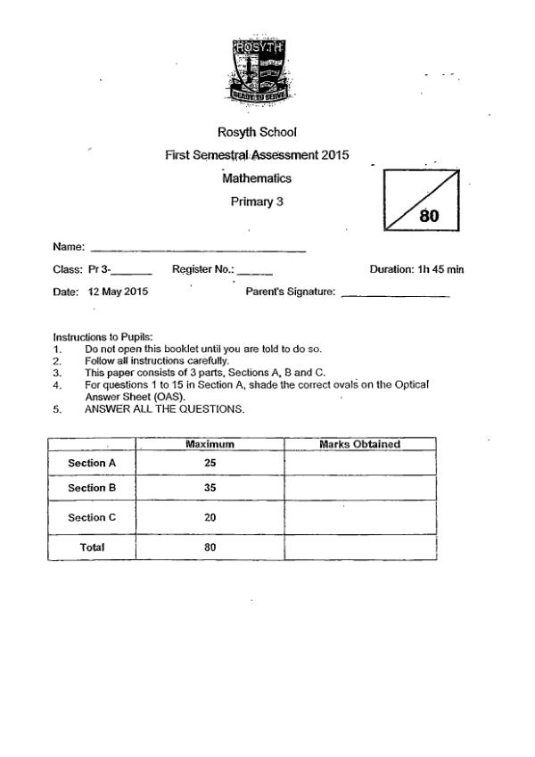 First page preview of P3 Math 2015 WA2 — Rosyth