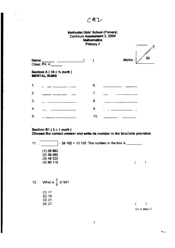 First page preview of P4 Math 2004 WA3 — Methodist Girls