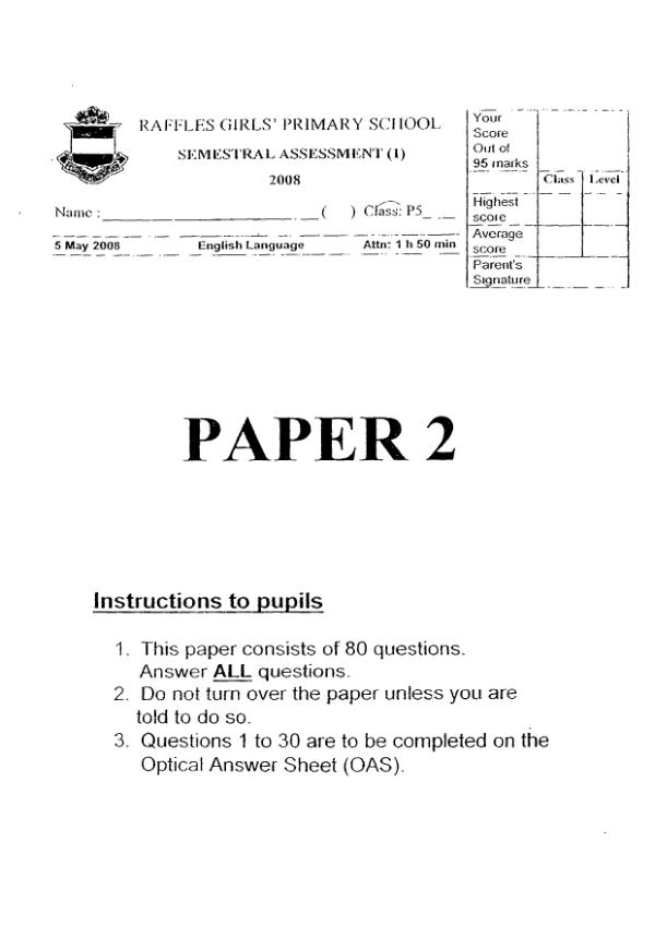 Raffles Girls P5 Eng WA2 2008 exam paper PDF preview