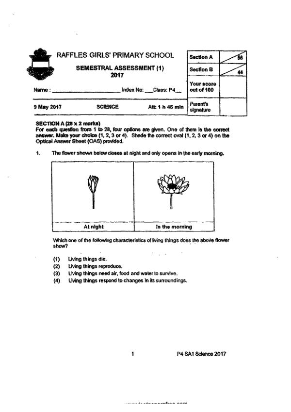 Raffles Girls P4 Sci WA2 2017 exam paper PDF first page preview