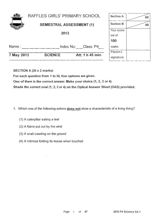 Raffles Girls P4 Sci WA2 2013 exam paper PDF preview