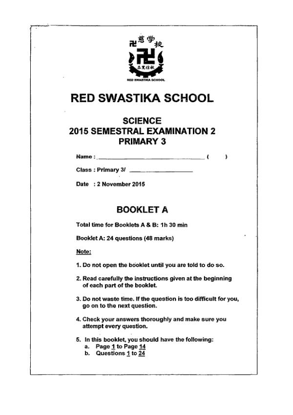 Red Swastika P3 Sci SA2 2015 exam paper PDF preview