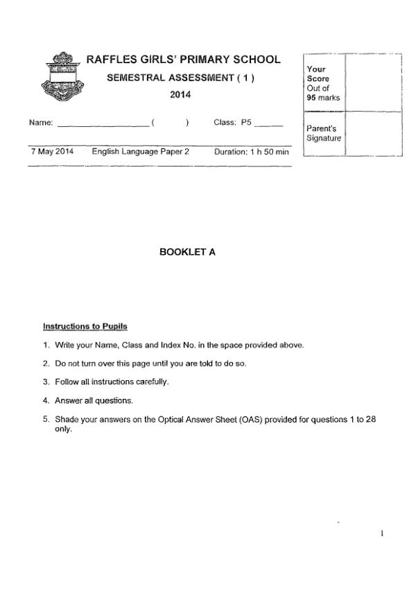 Raffles Girls P5 Eng WA2 2014 exam paper PDF first page preview