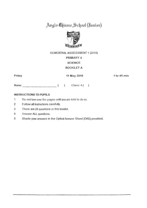 Anglo Chinese P4 Sci WA2 2018 exam paper PDF first page preview