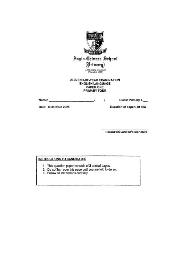 First page preview of P4 Eng 2025 SA2 — Anglo Chinese
