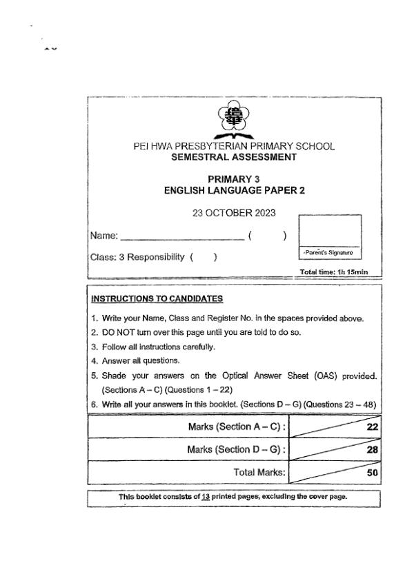 Pei Hwa P3 Eng SA2 2023 exam paper PDF preview